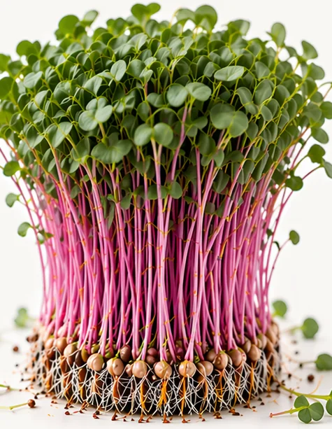 Illustrazione di microgreens di ravanello, con piccoli steli rosa